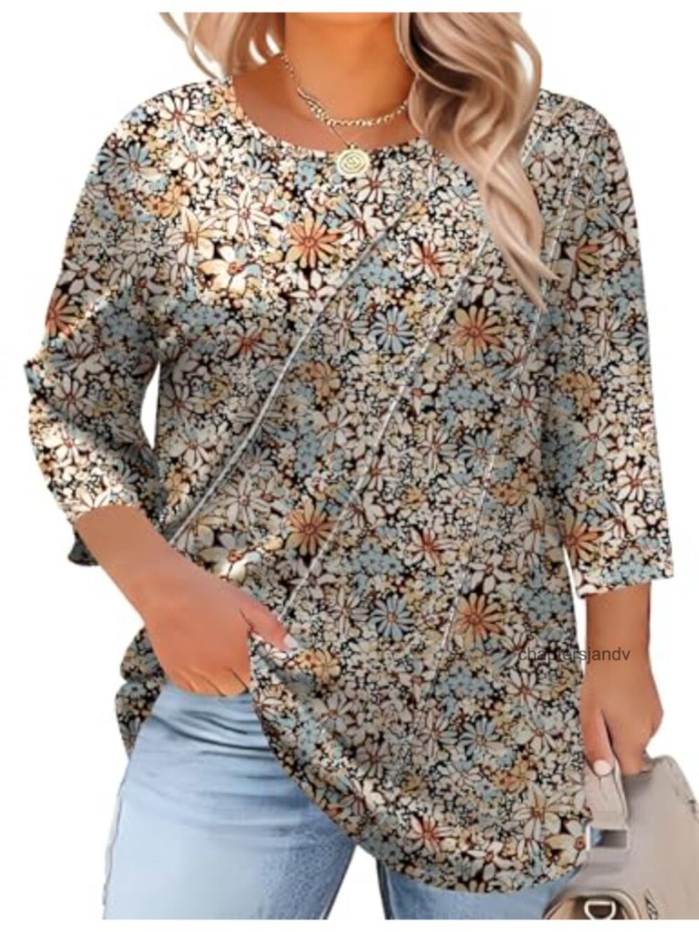 Plus Size Pleated Crewneck 3/4 Sleeve Blouse Tunic